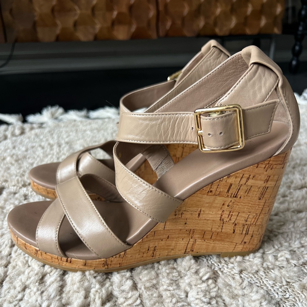 Cole Hann Neutral Cork Wedge Sandals with Gold Buckle